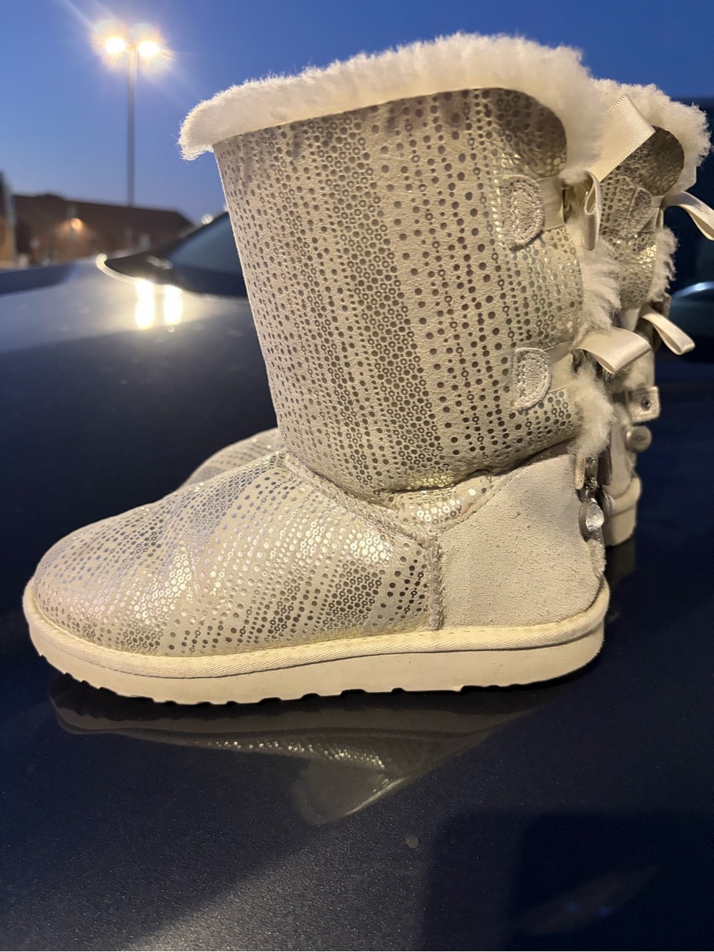 UGG Silver Sequin Shearling-Trim Short Boot